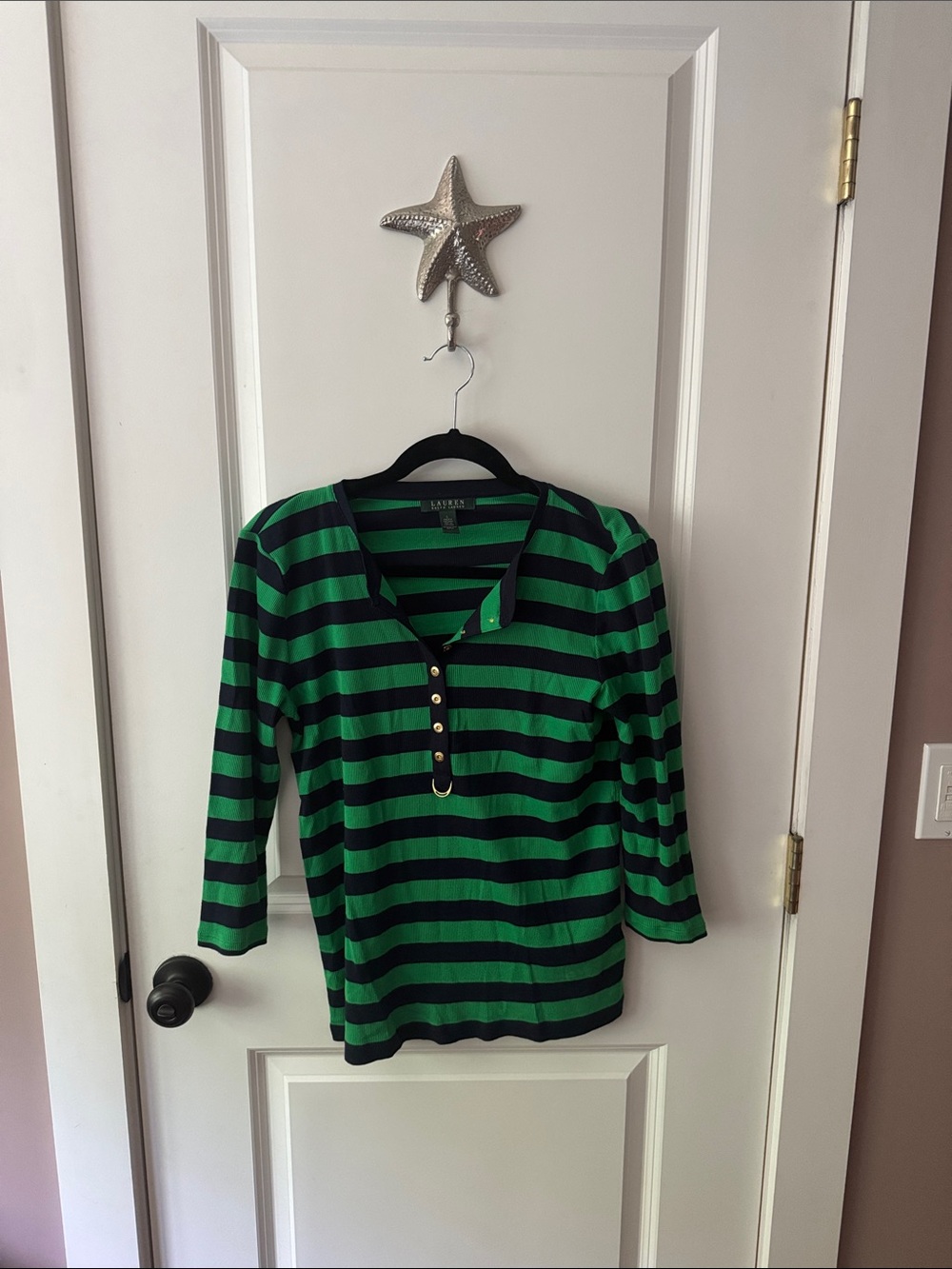 Lauren Ralph Lauren Green and Navy Striped Henley Top